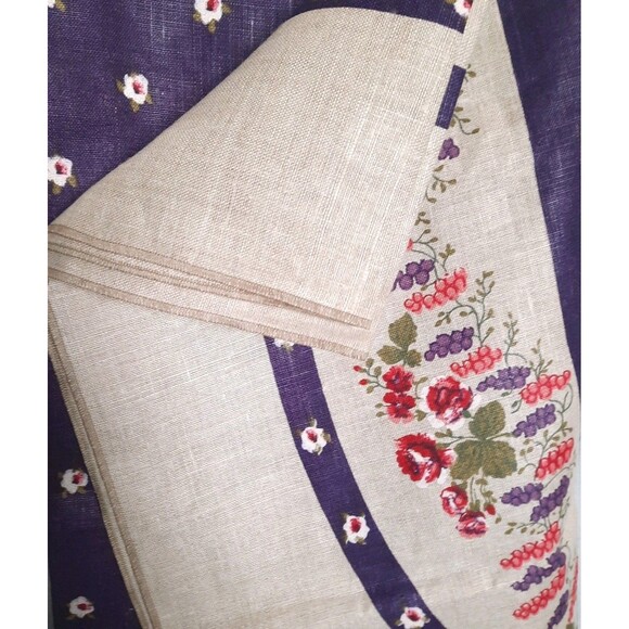 Heavyweight Linen Rectangle Purple Tan Floral Print Fabric Table Cloth 54 x 70 - Picture 4 of 7